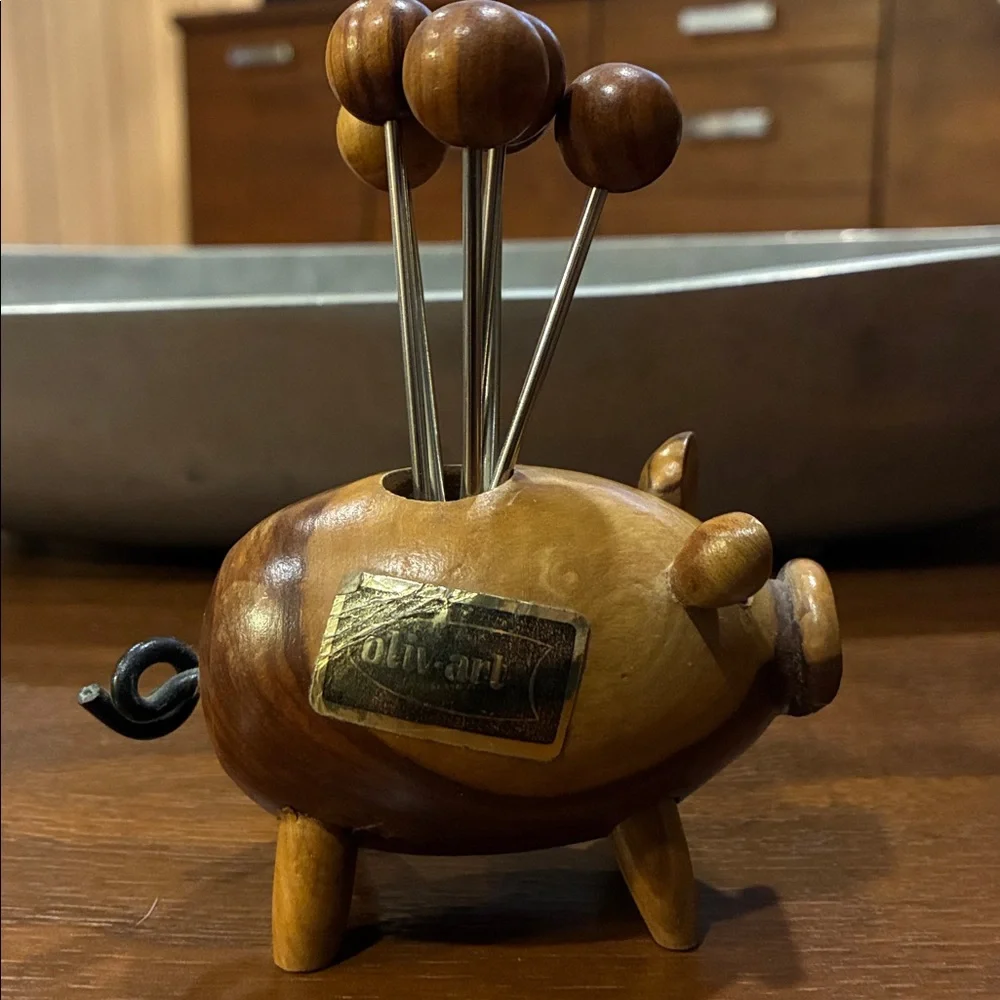 Oliv-Art Wooden Pig Toothpick Holder with 3” Cocktail Forks 6 Forks Olive Wood